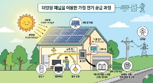 태양광 패널을 이용한 가정 전기 공급 과정 일러스트
