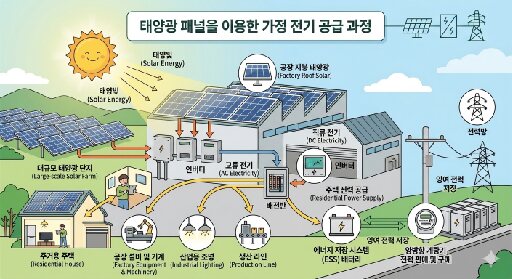 산업·주거 통합 태양광 발전 전기 공급 과정 일러스트